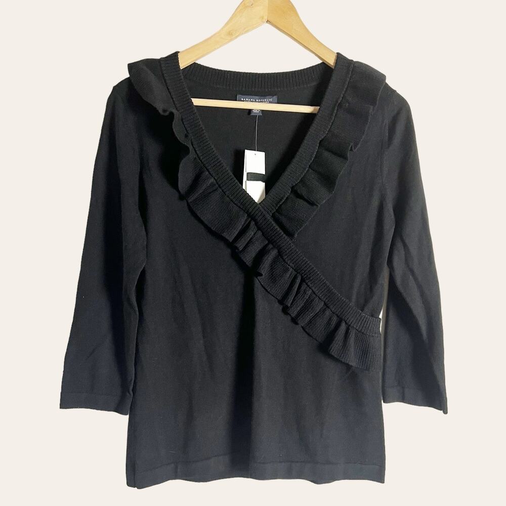 Banana Republic Merino Wool Black Surplice Ruffled 3/4 Sleeve Sweater Top Size S